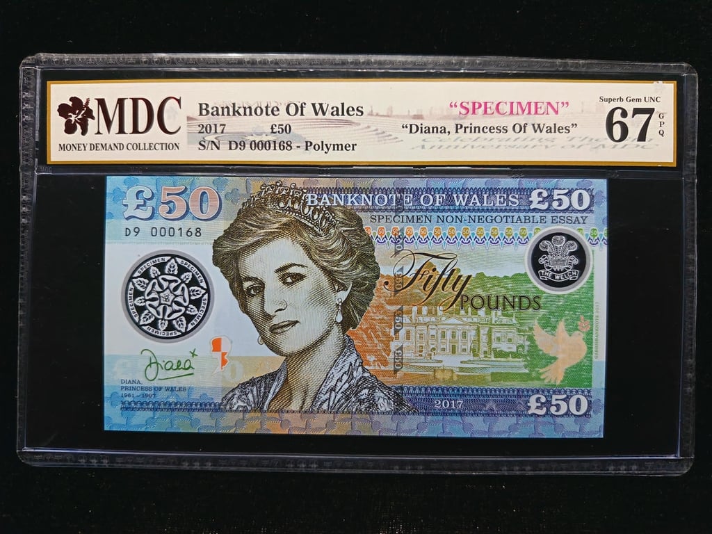 Banknote Of Wales，2017，50 Pounds，D9 000168, SPECIMEN，MDC 67 GPQ，1 Qty 