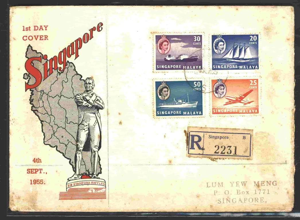 Singapore, 1955, Singapore QEII Private First Day Cover showing the statue of Sir Stamford Raffles, Used