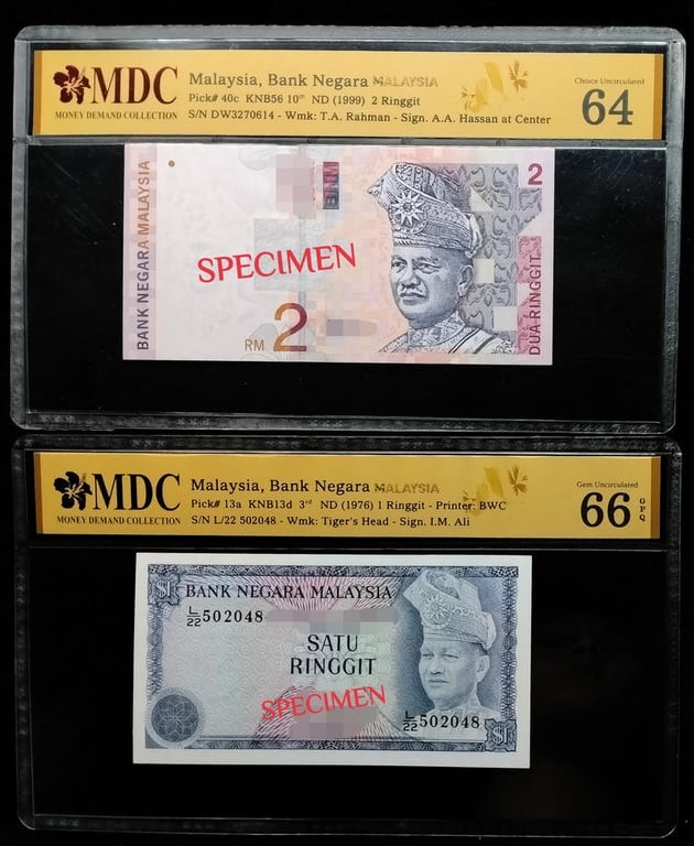 2pcs Lot: Malaysia. 3rd Series 1976 / 10th Series 1999 | 1 Ringgit / 2 Ringgit | MDC 66 GPQ / 64 | Serial : L/22 502048 & DW3270614 | P#13a. P#40c.