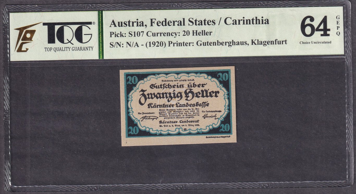 Austria, 1920, 20 Heller, TQG 64 GEPQ, Qty: -1
