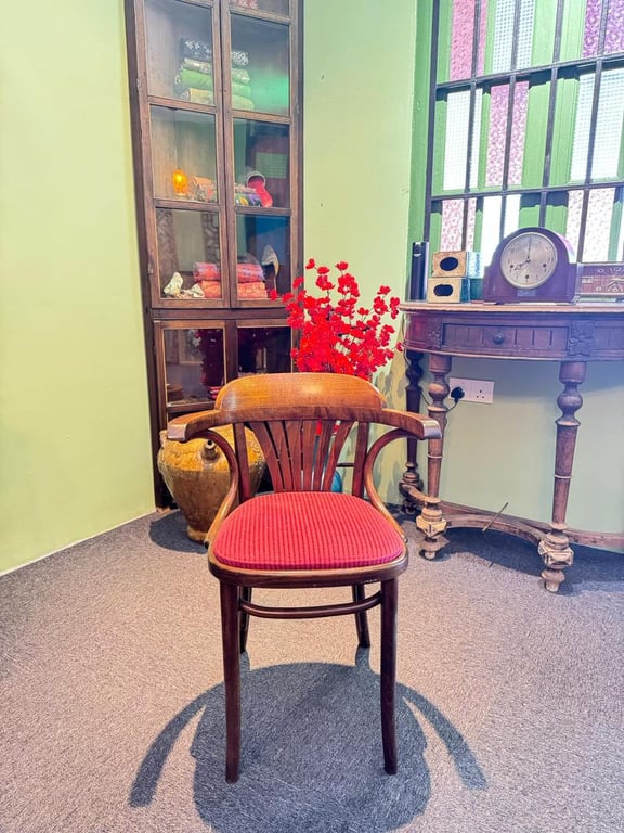Four (4) Vintage Wooden Dining Chairs with Red Cushion