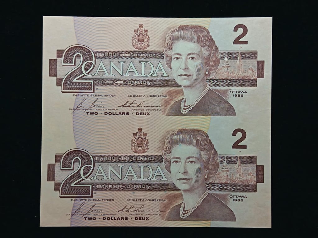 Canada，1986，2 Dollars，CBK 7865271 & CBK 7867771, Leopard S/N #777's, Uncut 2 in 1，UNC, Foxing, Handing, 1 Qty