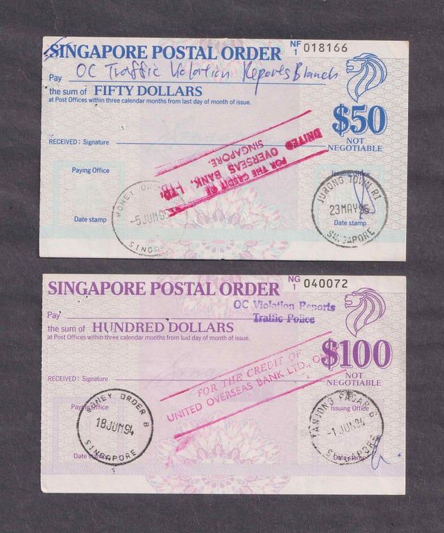 Singapore, 1994 & 1995, Stamp, Postal Order, Used, United Overseas Bank, $50 & $100, Sold as is