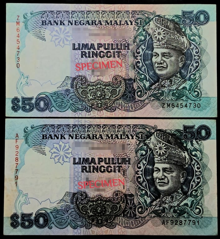 2pcs Lot: Malaysia. 50 Ringgit. 6th Series 1986. ZM6454730 & 7th Series 1995. AF9287791 VF - EF