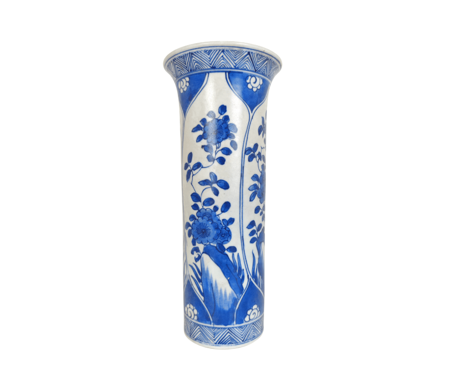 Qing Dynasty Kangxi Blue and White Flower Mountain Stone Vase 清康熙 青花花卉山石筒瓶 Qty -1