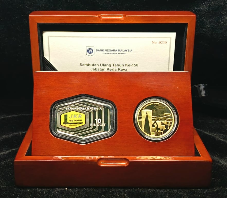 N#446045. Malaysia. 1 Ringgit & 10 Ringgit. 2024. 150th Anniversary of Jabatan Kerja Raya (JKR). Nordic Gold - 8.50g / Silver 0.925 - 29.90g. Proof Coin