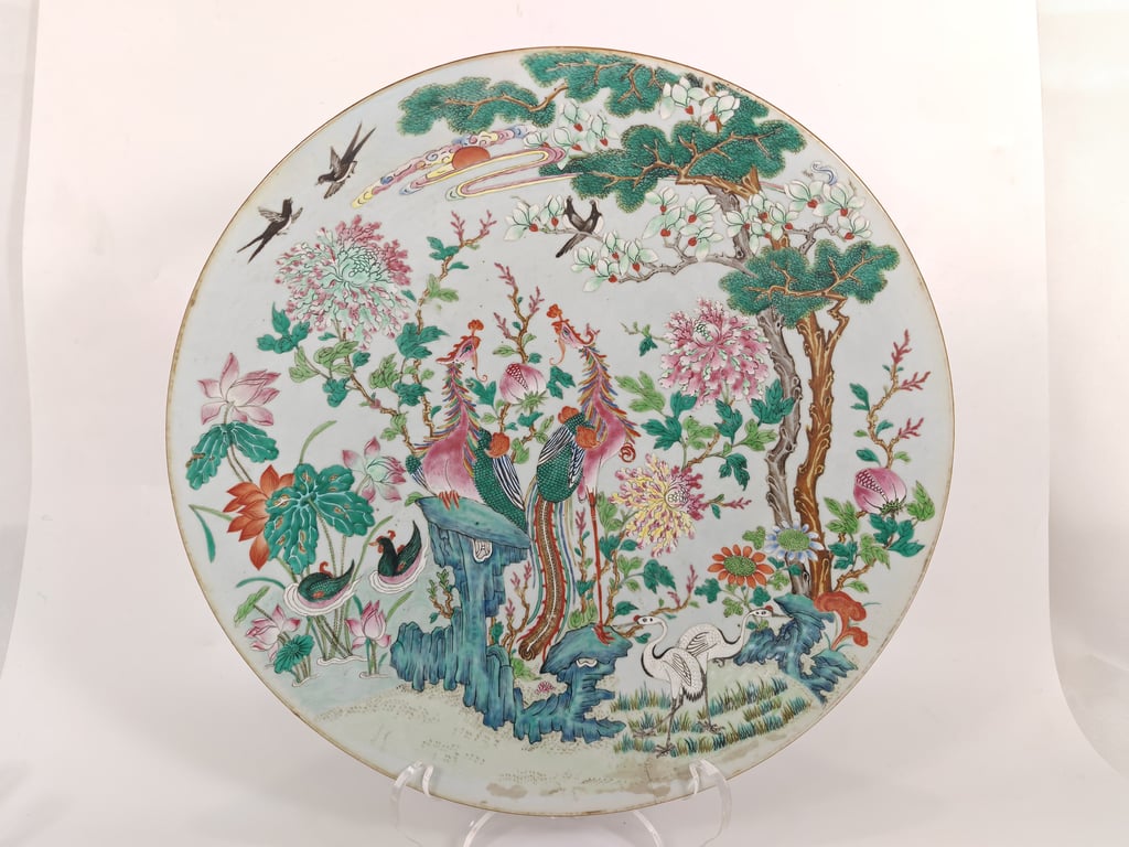 Qing Dynasty, Daoguang Period, Extremely Famille Rose Double-Phoenix Mandarin Ducks Cranes Magpies Wagtails Giant Plate 清道光 极度稀有白地粉彩五伦图巨形盘, Qty-1