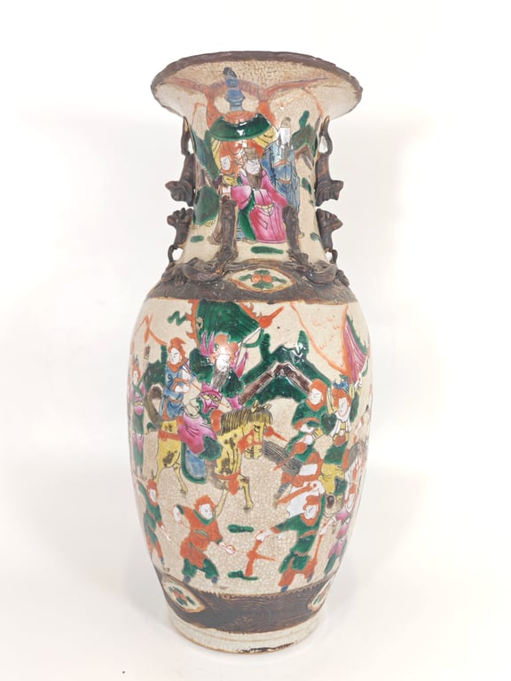Late Qing Dynasty White Ground Cracker Glaze Warrior Sauce Glaze Large Vase 晚清 白地冰裂纹武士酱釉大型瓶, Qty - 1
