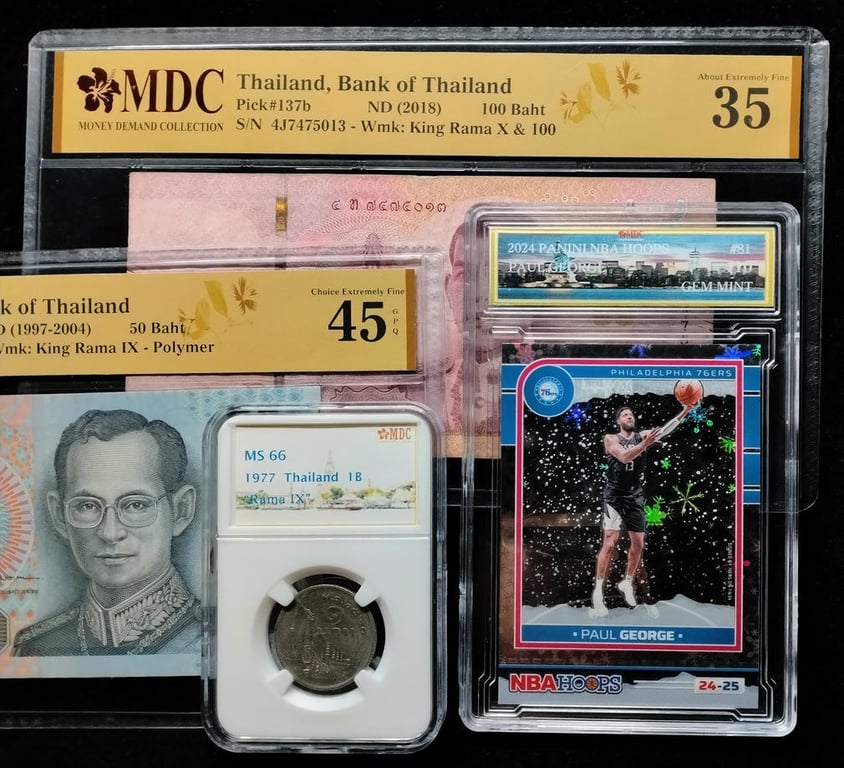 4pcs Mixed Lot: NBA Hoops / Thailand. 2024 / 1977 / 1997 - 2004 / 2018 | Paul George / 1 Baht / 50 Baht / 100 Baht | MDC 10 Gem Mint / MS 66 / 45 GPQ / 35 | Serial : No.81 & Rama IX & 7A 3481737 & 4J475013 | P#102. P#137b.