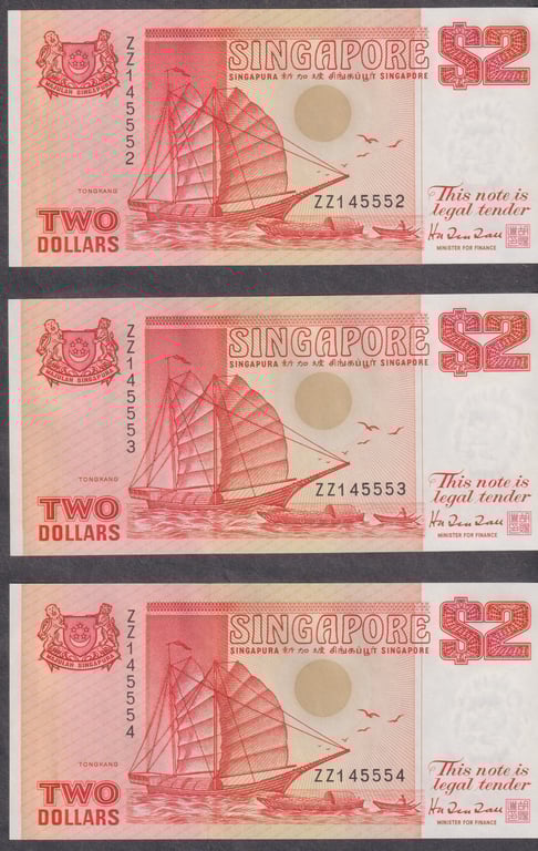 Singapore, 1991, 2 Dollar, Running Number, ZZ145552 - ZZ145560, UNC, Qty-9