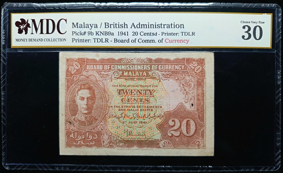 P#9b. Malaya. 20 Cents. 1941. Insect Damage. MDC 30