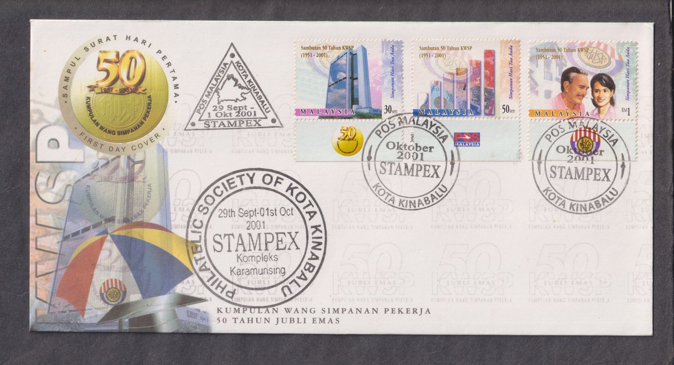 Malaysia, 2001, Mint, Post Malaysia, Kota Kinabalu, "Kumpulan Wang Simpanan Pekerja 50 tahun Jubli Emas", 29 Sept - 1 Okt 2001, 30sen, 50sen, RM1