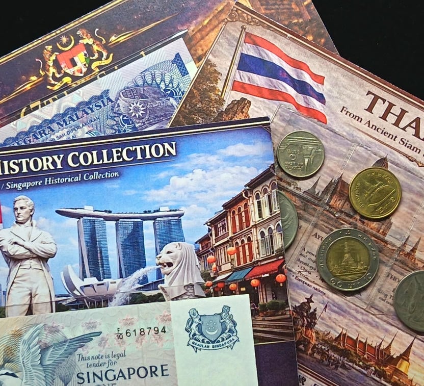 Singapore, 1976, 1 Dollar, F/10 618794 with Malaysia, 1986, FM 7808480 & Thailand, 1 Baht - 10 Baht, Coin Card, 8 Qty