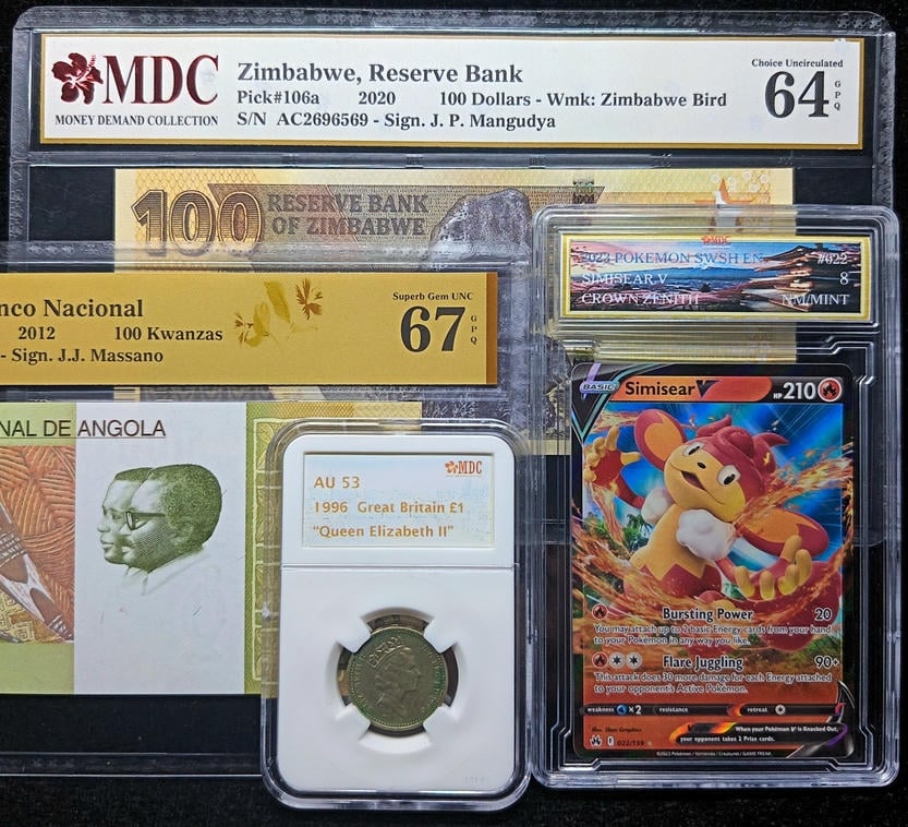 4pcs Mixed Lot: Pokemon / Great Britain / Angola / Zimbabwe. 2023 / 1996 / 2012 / 2020 | Simisear V / 1 Pound / 100 Kwanzas / 100 Dollars | MDC 8 NM Mint / AU 53 / 67 GPQ / 64 GPQ | Serial : 022/159 ★ & JG4777287 & AC2696569 | P#153a. P#106a.