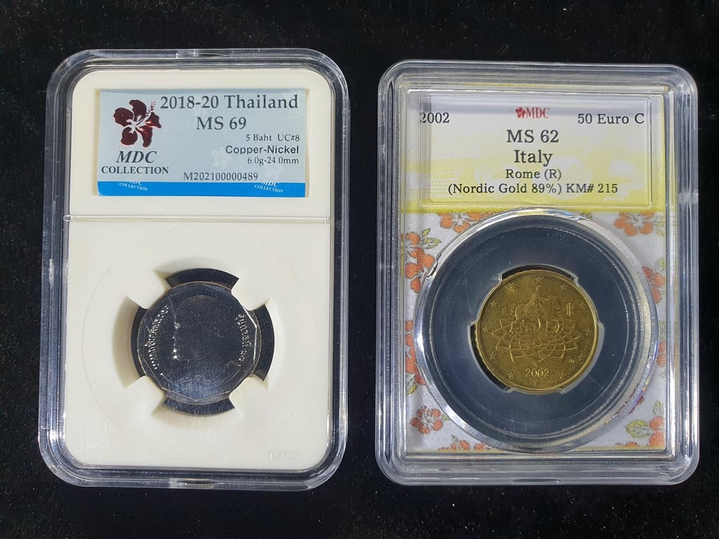 Thailand & Italy，2018-20 & 2002，5 Baht & 50 Euro，MDC MS 69 & MS 62，1 Qty 