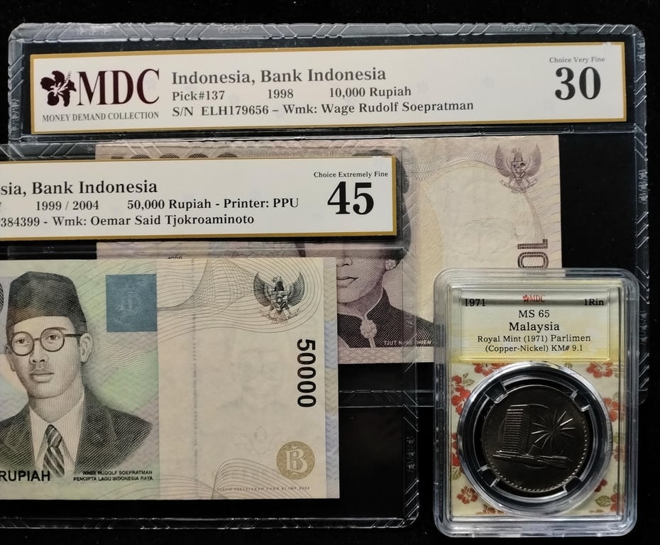 3pcs Mixed Lot: Malaysia / Indonesia. 1971 / 1999 / 1998 | 1 Ringgit / 50,000 Rupiah / 10,000 Rupiah | MDC MS 65 / 45 / 30 | Serial: HGP384399 & ELH 179656 | KM#9.1. P#139f. P#137