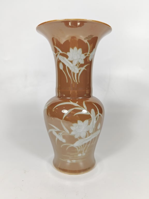Brown Ground White Lotus Motif Vase