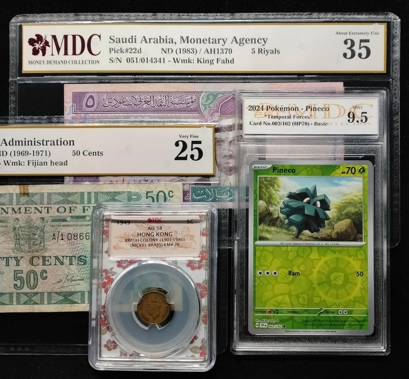 4pcs Mixed Lot: Pokemon / Hong Kong / Fiji / Asudi Arabia. 2024 / 1949 / 1969 - 1971 / 1983 | Pineco / 5 Cents / 50 Cents / 5 Riyals | MDC 9.5 / AU 58 / 25 / 35 | Serial : 002/162 & A/1 086665, Prefix A/1, ( Leopard S/N#666's ) & 051/014341 | KM#26. P#58. P#22d.