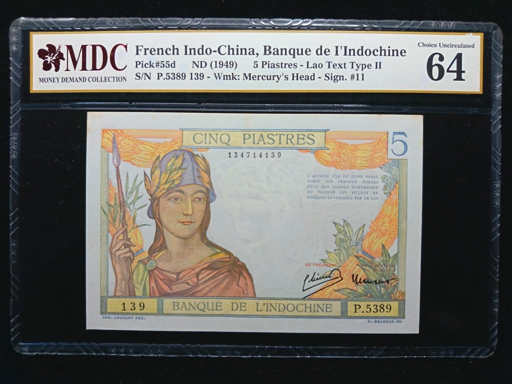 French Indo - China，1949，5 Piastres，P.5389139，MDC 64，1 Qty 