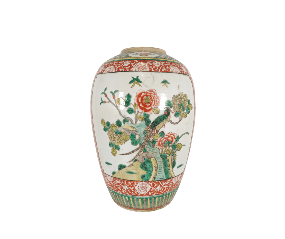 晚清 五彩矾红开光四季花卉雉鸡喜鹊大罐 Late Qing Dynasty Wucai Iron Red White Inner Panel Four Seasons Flowers Pheasant Magpie Giant Jar, 1pcs