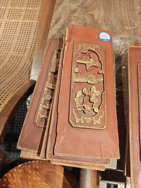 Vintage Wooden Panel featuring Carved and Gilt-Accented Motifs, Qty-5