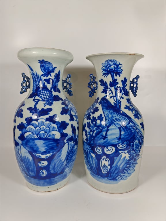 A Pair of Republic Blue and White Peony Pheasant Vases, Qty-2