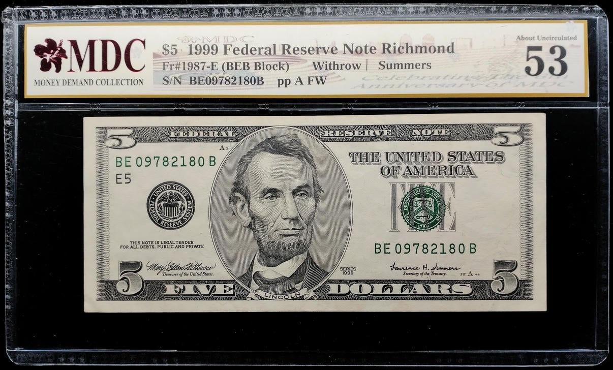 Fr#1987-E. America. 5 Dollars. 1999. BE09782180B. MDC 53