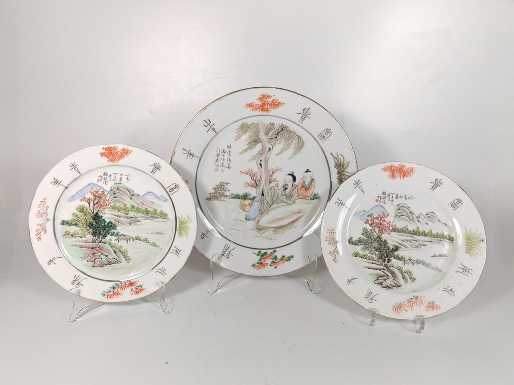 Republic White Ground Landscape Scholar Porcelain Plates, Qty-3