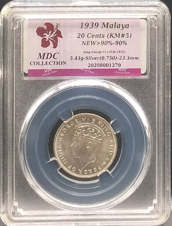 Malaya, 1939, 20C, 5.43g Silver(0.750), 23.3mm, MDC 90%-90%, Qty-1
