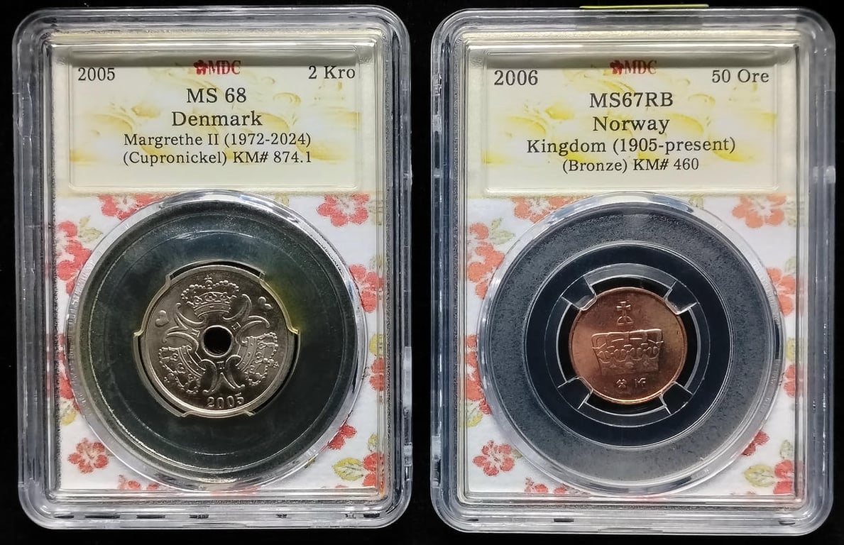2pcs Mixed Lot: Denmak / Norway. 2005 / 2006 | 2 Kro / 50 Ore | MDC MS 68 / MS 67 RB | KM#874.1. KM#460.