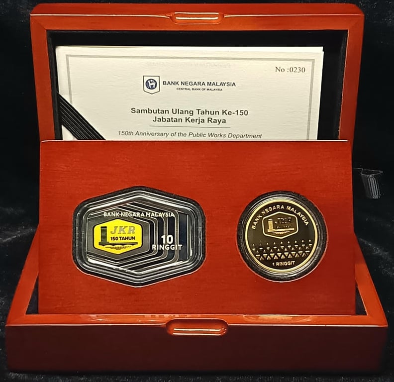 N#446045. Malaysia. 1 Ringgit & 10 Ringgit. 2024. 150th Anniversary of Jabatan Kerja Raya (JKR). Nordic Gold - 8.50g / Silver 0.925 - 29.90g. Proof Coin