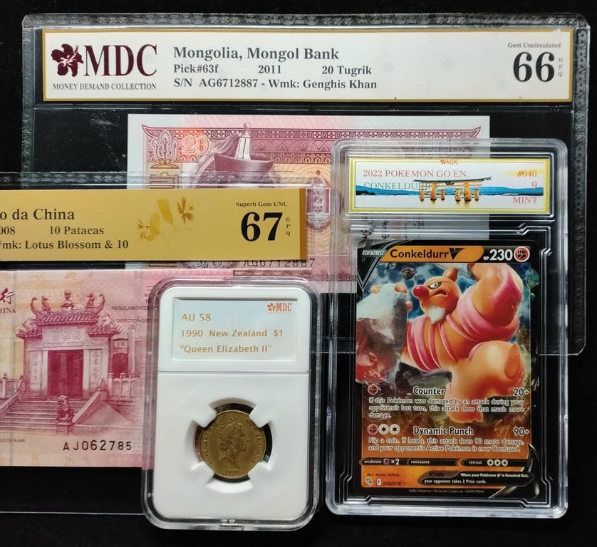 4pcs Mixed Lot: Pokemon / New Zealand / Macau / Mongolia. 2022 / 1990 / 2008 / 2011 | Conkeldurr V / 1 Dollar / 10 Patacas / 20 Tugrik | MDC 9 Mint / AU 58 / 67 GPQ / 66 GPQ | Serial : 040/078 ★ & AJ062785 & AG6712887 | P#108. P#63f.