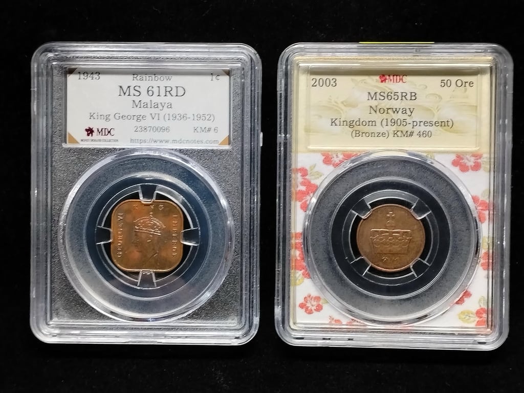 2pcs Mixed Lot : Malaya / Norway. 1943 / 2003 | 1 cent / 50 Ore | MDC MS 61 RD / MS 65 RB | KM#6. KM#460