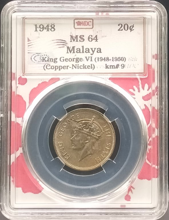 Malaya, 1948, 20 Cents, King George VI Copper Nickel, MDC MS 64, Qty-1