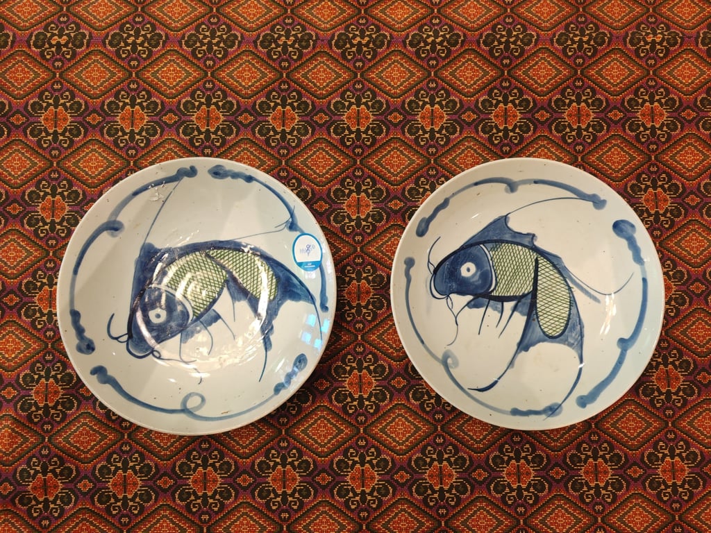 Blue and white porcelain bowl featuring a hand-painted koi fish motif, Qty-2