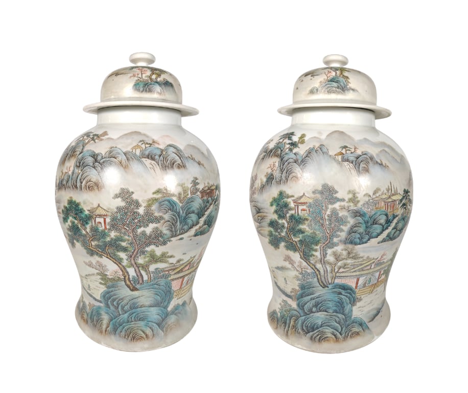 A Pair of Large Vases Depicted with Detailed Mountain and River Landscapes, Qty-2