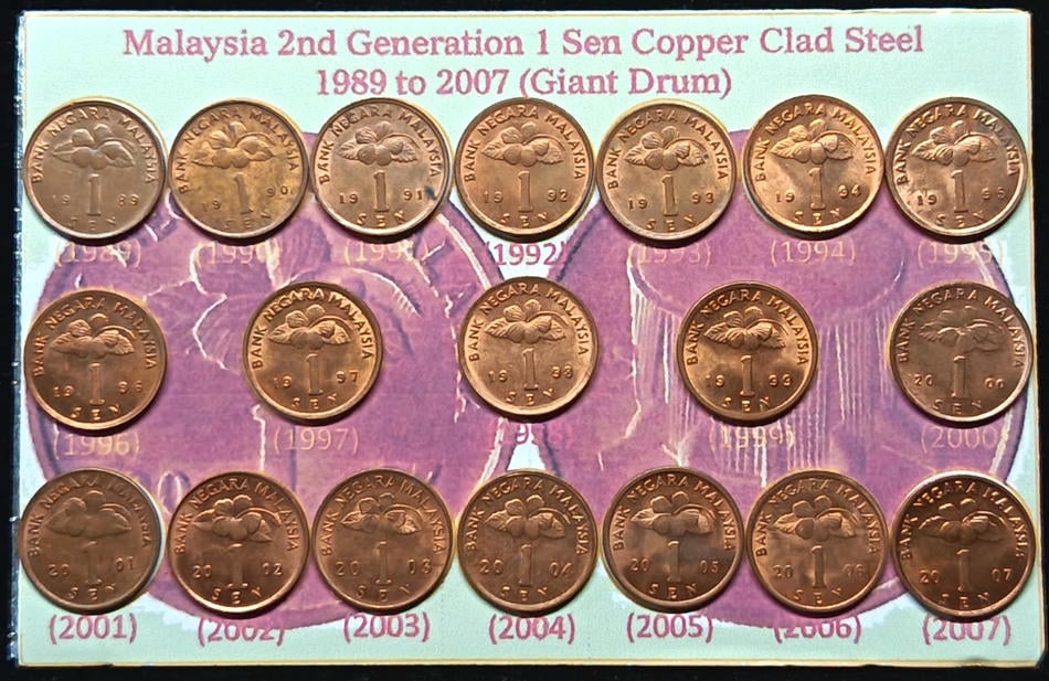Malaysia 2nd Generation 1sen Copper Clad Steel 1989 to 2007 ( Giant Drum ). VF - EF