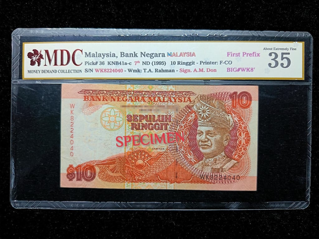 P#36, Malaysia，7th Series 1995，10 Ringgit，WK8224040, First Prefix#WK's, BIG #WK8's，MDC 35