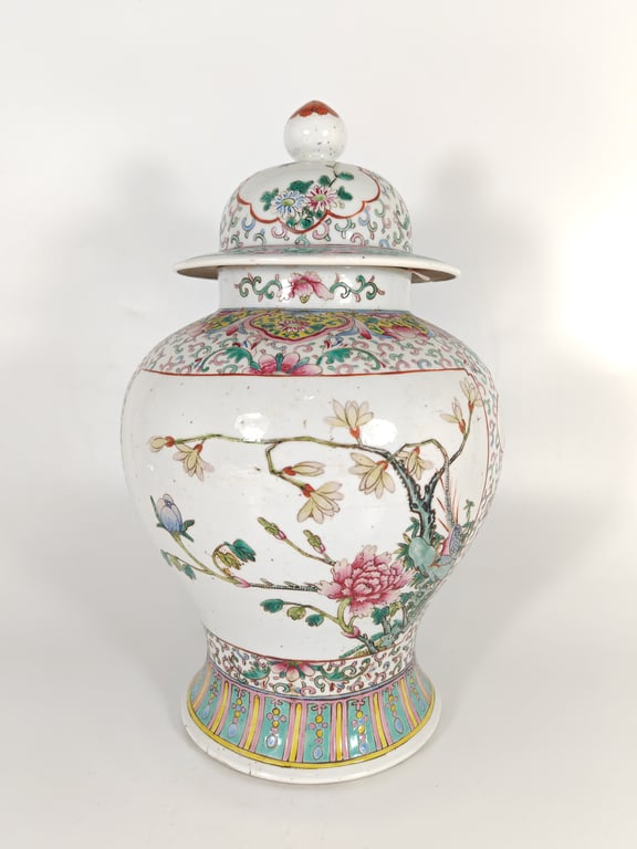 Late Qing Dynasty White Ground White Inner Panel Four Seasons Flowers Scrolls Magpie Covered General Vase 晚清 白地开光四季花卉缠枝喜鹊有盖将军罐, Qty - 1