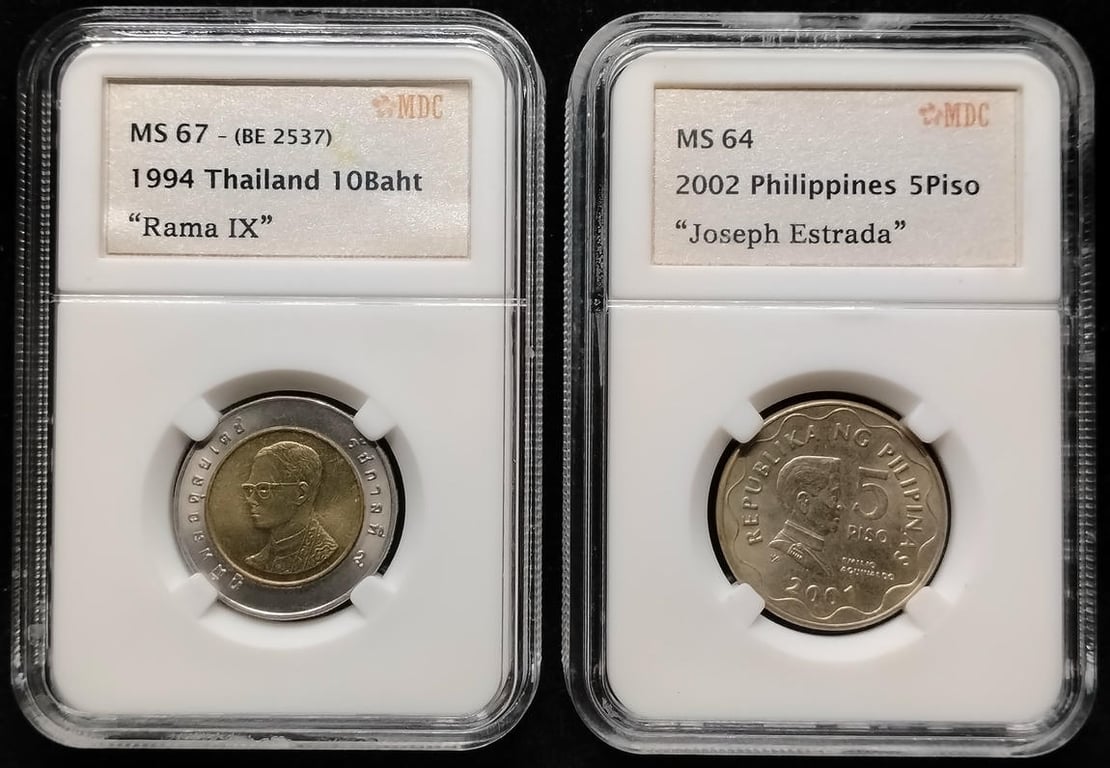 2pcs Mixed Lot: Thailand / Philippines. 1994 / 2002 | 10 Baht / 5 Piso | MDC MS 67 / MS 64 |