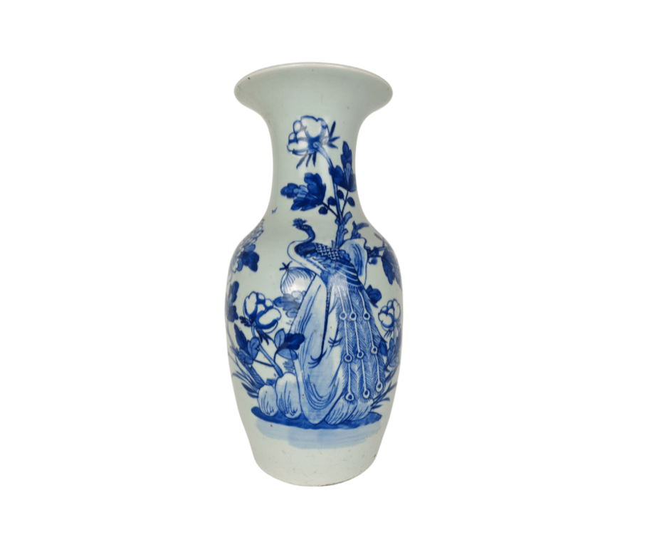 Republic Blue and White Peacock Flower Motifs Vase 民国 青花孔雀花卉纹瓶 Qty -1