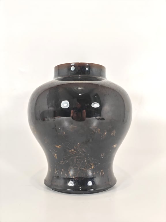 晚清 乌金釉花卉大罐 Late Qing Dynasty Black Glaze Gold Color Motif Flowers Large Vase, Qty-1