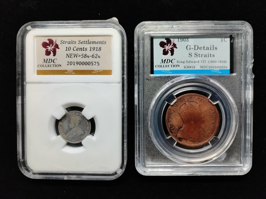 Straits Settlements, 1918, 10 cents, coin ( MDC 58% - 62 % ) with Straits Settlements, 1903, 1 Cent, coin ( MDC G - Details )，1 Qty 