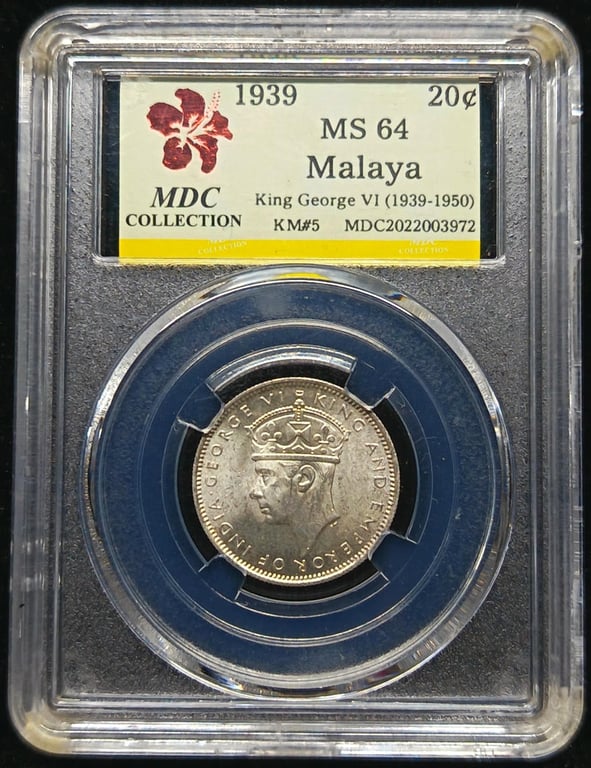 KM#5, Malaya，1939，20 Cents，Silver 0.750 - 5.43g，MDC MS 64