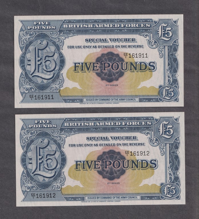 British, 5 Pounds, EE/1161912 & EE/1161911, British Armed Forces, UNC, Light Foxing, Sold as is, no return, Qty-2