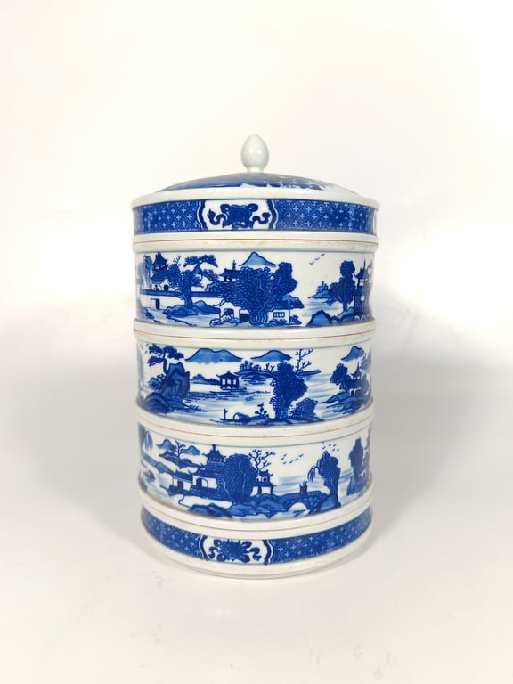 Blue and White Landscape Three-Layer Tiffin Carrier