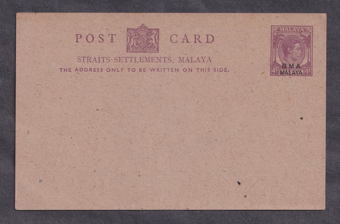 Malaysia, Stamp, Postcard, Straits Settlement, King George VI BMA Post Card, B.M.A 4 cent [toning]