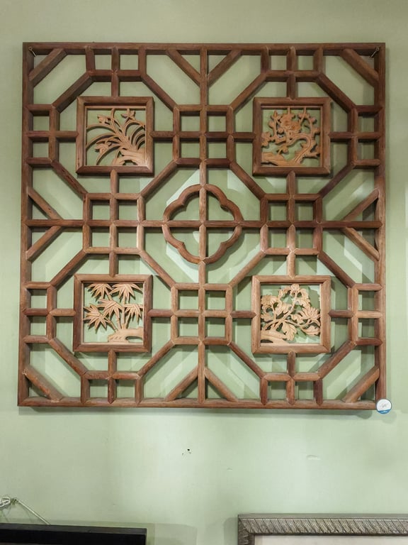 Chinese Carved Wood Lattice Panel with Four-Season Florals
