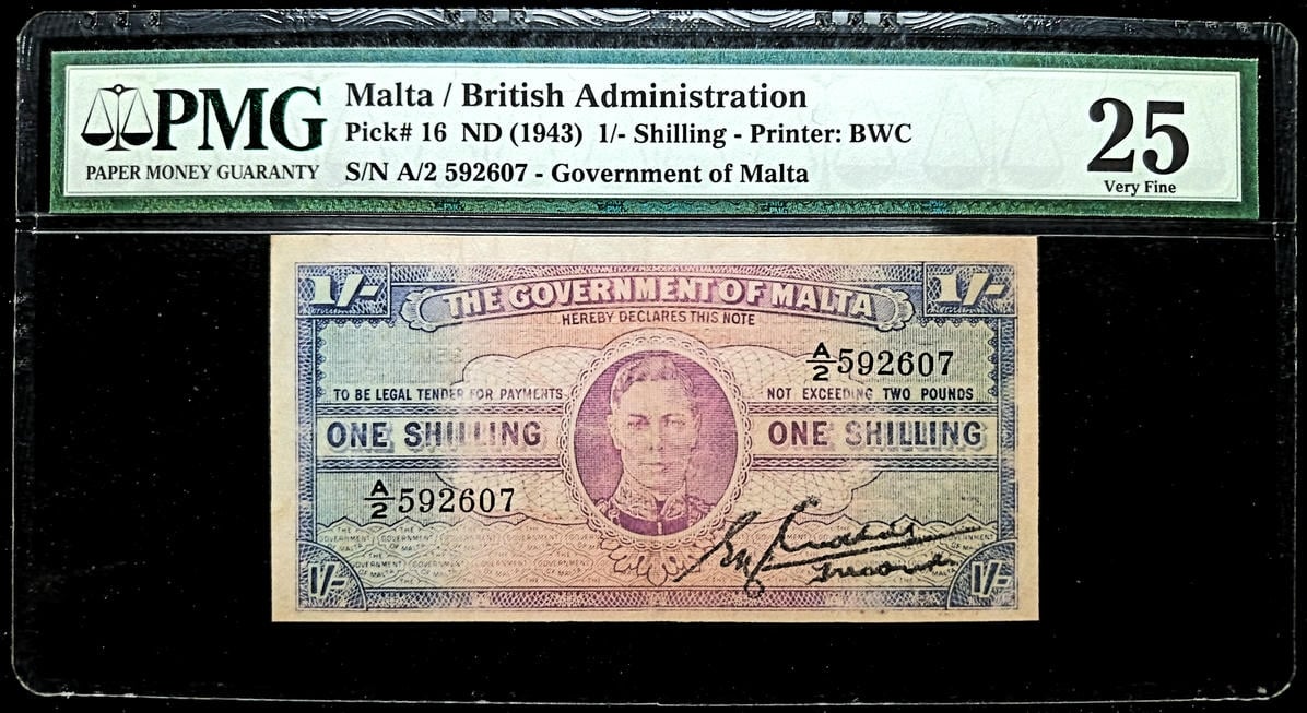 P#16. Malta. 1 Shilling. 1943. A/2 592607. PMG 25
