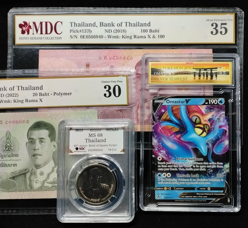 4pcs Mixed Lot: Thailand / Pokemon. 2012 / 2022 / 2018 | 20 / 100 Baht | MDC MS 68 / 8.5 Mint+ / 30 / 35 | Serial :5J4112332 & 0E0566940 | Y#512. P#142a. P#137b